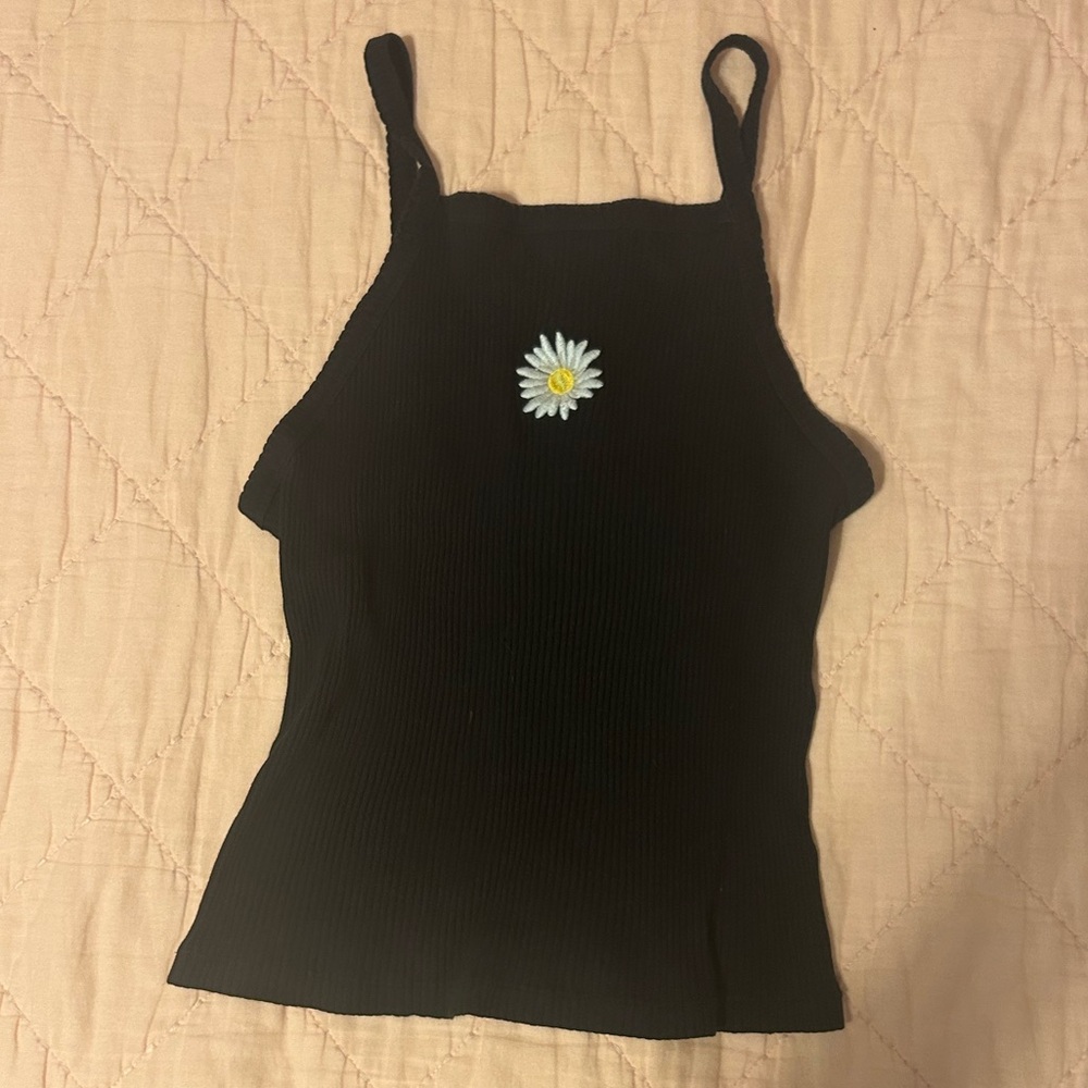 Black Ribbed Tank Top with Daisy Embroidery